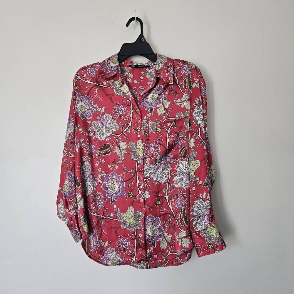 Zara Floral Oversized Satin Button Down Shirt Small